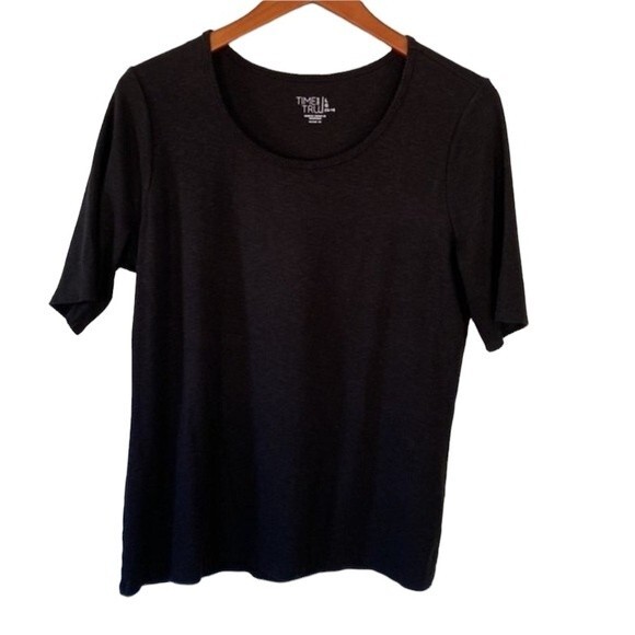 TIME and TRU Short Sleeve Scoop Neck Top Scallop Detail Stretchy Knit Neutral - Picture 6 of 14